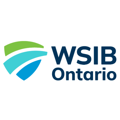 The image shows the logo of WSIB Ontario, featuring a stylized shield with green and blue arcs and bold text on a white background.