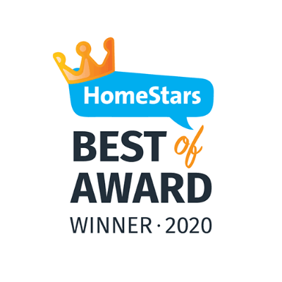 HomeStars Best of Award Winner 2020 logo with a stylized crown and blue speech bubble. Text highlights the achievement in bold, clear font.