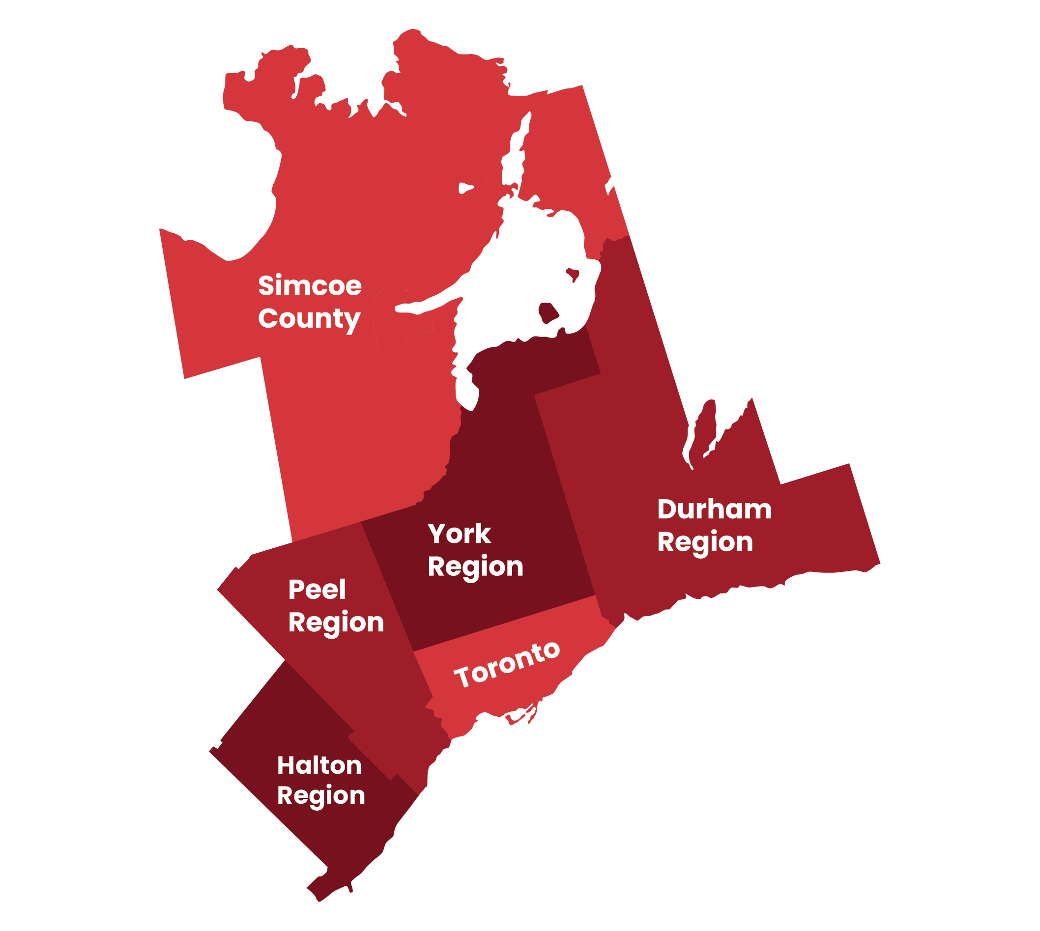 Map highlighting regions around Toronto: Simcoe County, York Region, Durham Region, Peel Region, Halton Region, with distinct red shades for each area.