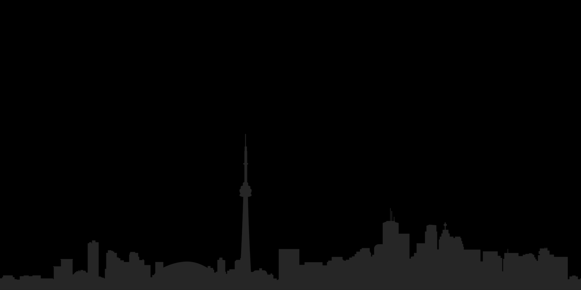 Silhouette of a city skyline at night featuring the CN Tower prominently against a starry sky, with various buildings visible.