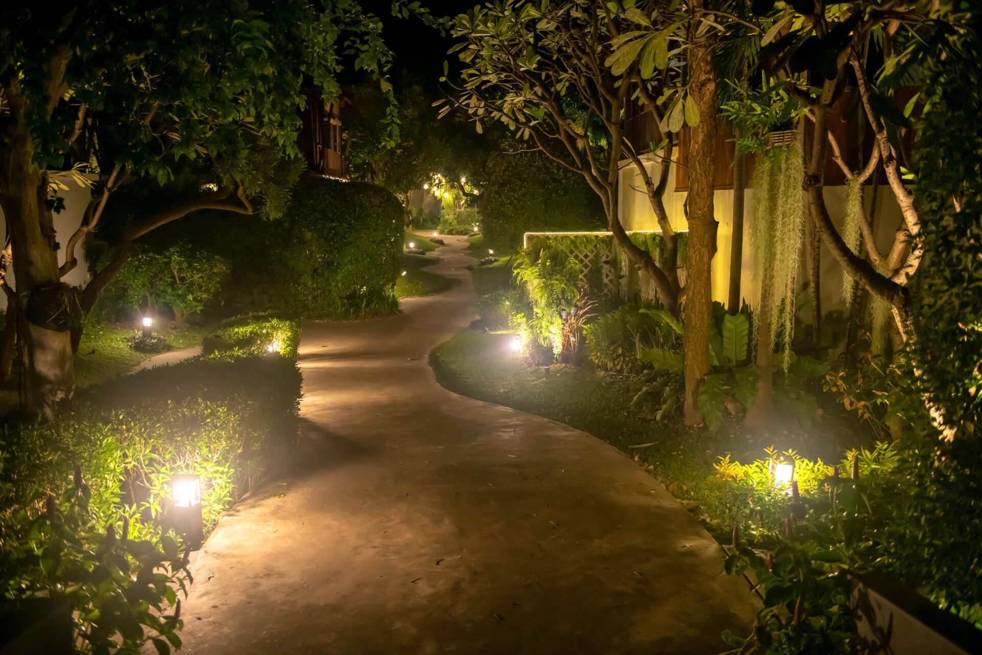 A winding garden path illuminated by small lights at night, surrounded by lush greenery and trees, creating a serene atmosphere.