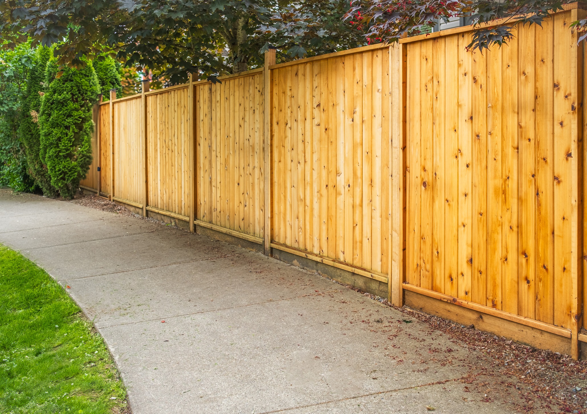 A wooden fence lines a curved concrete pathway, surrounded by green grass and trees, creating a peaceful outdoor setting.